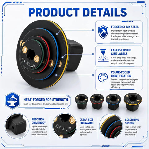 Upgrade Your Garage With This Slick Low Profile Impact Socket Adapter Set, Including 4 Essential Pieces for Fast Drive Size Swaps from Quarter Inch To Full Inch For Serious DIY And Pro Mechanic Jobs, 4-piece color-coded steel set