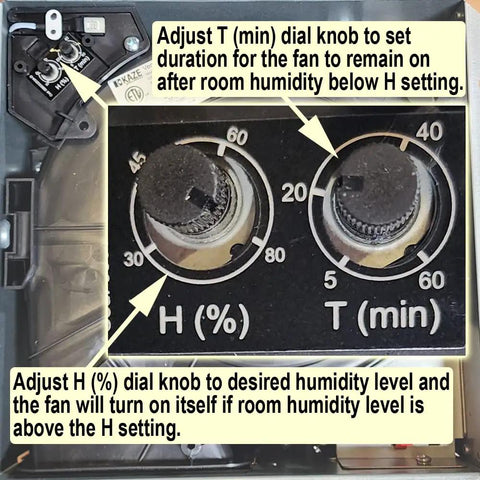 Close-up of humidity and timer dials on 100 CFM Quiet Humidity Sensing Bathroom Exhaust Fan with Energy Star Rating, Dimmable 4000K LED Light