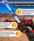 Heavy Duty Ratchet Tie Down Straps Set With 1650Lb Break Strength demonstrating S-hook and soft loops on ATV background