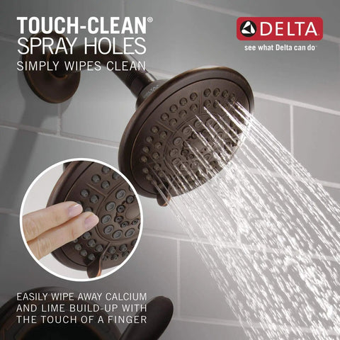 High End Lahara 14 Series Shower Trim Kit In Oil Rubbed Bronze with touch-clean spray holes and water flow.
