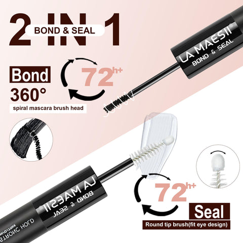Waterproof Lash Bond And Seal Glue For Eyelash Clusters Black 72 Hour Hold, dual-ended design with 360° spiral and round tip brushes