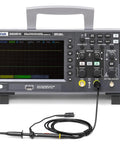 Front view of 2 In 1 Oscilloscope And Arbitrary Waveform Generator With Beefy 150MHz Bandwidth Desktop DSO Style 2 Channel And 1 Channel Generator 1GSps Sampling 8M Memory Depth 14 Trigger Modes 32 Auto Measurements Gray with probes.