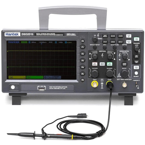 Front view of 2 In 1 Oscilloscope And Arbitrary Waveform Generator With Beefy 150MHz Bandwidth Desktop DSO Style 2 Channel And 1 Channel Generator 1GSps Sampling 8M Memory Depth 14 Trigger Modes 32 Auto Measurements Gray with probes.