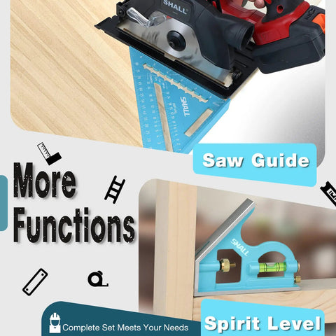 Rafter Square And Combination Square Tool Set with 7 inch aluminum rafter square used as saw guide, showing spirit level feature.