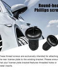 Top Shelf Black Stainless Steel License Plate Screws M5 Thread Heavy Duty Auto Bolts For Universal Vehicle Mounting showing round-head Phillips screws.