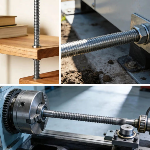 Top Shelf M5 Threaded Rods 250 Millimeter Fully Threaded Stainless Steel Studs Rust Resistant Heavy Duty Hardware Fasteners in use in wood, soil, and machinery.