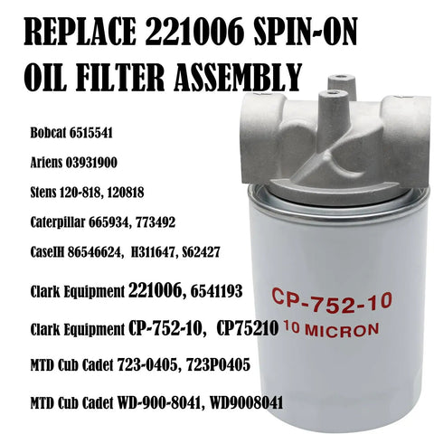 Spin-on oil filter assembly with text for replacements and part numbers displayed.