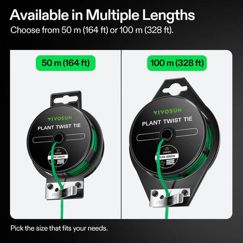 164 Ft PE Coated Green Plant Ties With Cutter, Reusable Flexible Twist Ties shown in 50m and 100m lengths
