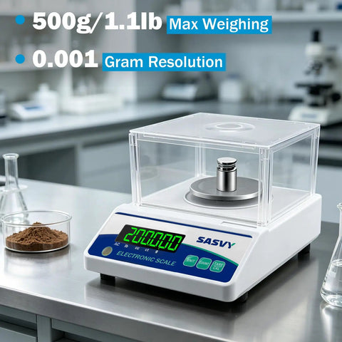 Top Notch Pro Grade Lab Scale 500g X 0.001g Digital Balance with backlit display on a lab bench with calibration weight