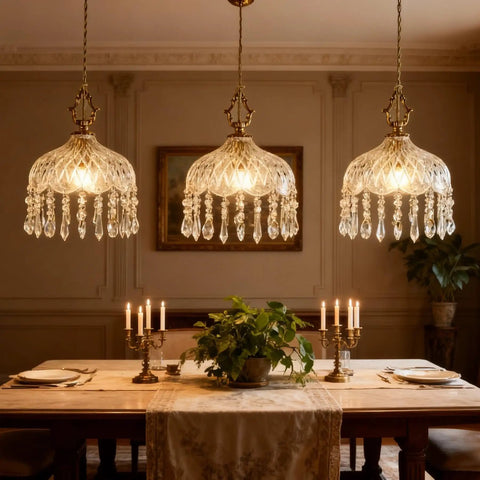 Top Shelf Vintage Crystal Pendant Light With Dope Diamond Cut Glass Shade And Legit Brass Accents Adjustable 0.5 To 70 Inch Cord over dining table.
