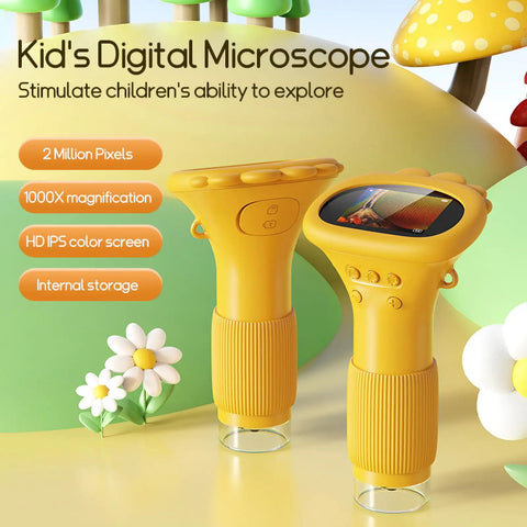 Pocket Digital Microscope For Kids 1000X Portable Handheld Microscope With Built In Storage For Photo And Video Capture Provides Real Time Viewing Of Plants Insects Coins Jewelry Stamps Educational Toy Gift For Ages 3 To 10 Boys And Girls. Yellow handheld digital microscope with screen