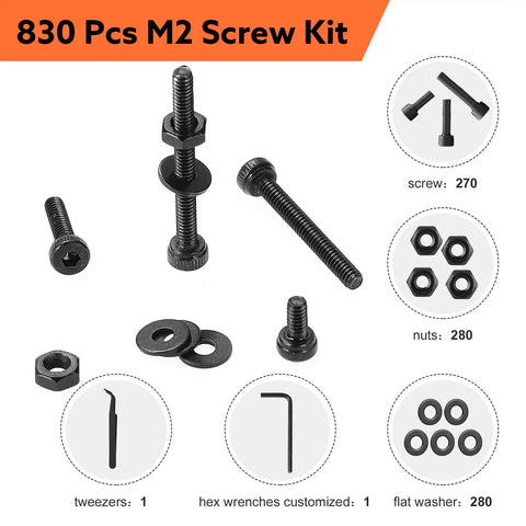 Must Have 830 Piece M2 Screw Kit With 4 6 8 10 12 16 20mm Machine Screws 12.9 Alloy Steel Black Zinc Plated Hex Socket Head Bolts Nuts Washers Set For Furniture Car Repair 3D Printers And More displayed with various components.