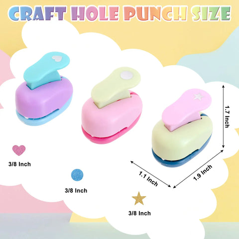 Three Piece Craft Hole Punches Set With Colorful Heart Round And Star Shapes for DIY crafts, pink, purple, and blue with size labels