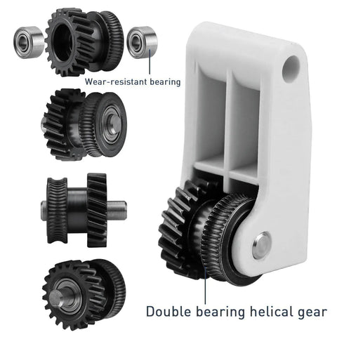 All Metal Hotend P1S Extruder Kit with helical gear showing wear-resistant bearings and double bearing helical gear detail.