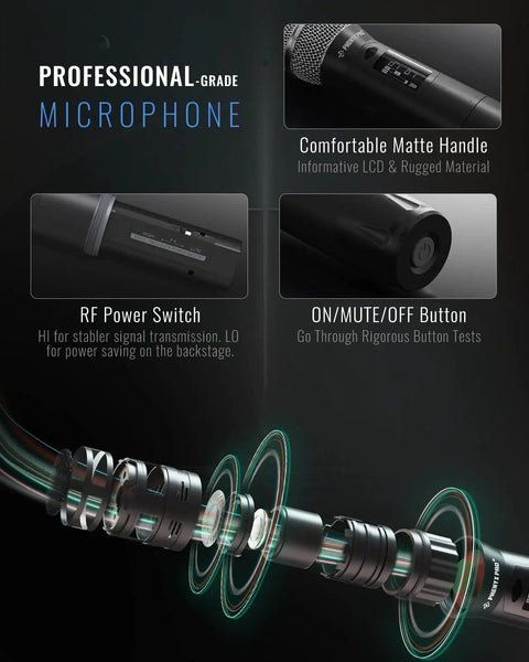Wireless Microphone System Built For Stage Pros And Studio Setups With True Diversity UHF Dual Handheld Mics features breakdown