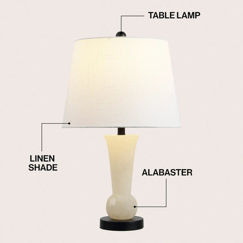 23 Inch Natural Alabaster Table Lamp With Crystal Base Sleek Modern Nightstand Light Featuring White Linen Shade Brass Gold Accents LED Bulb Included