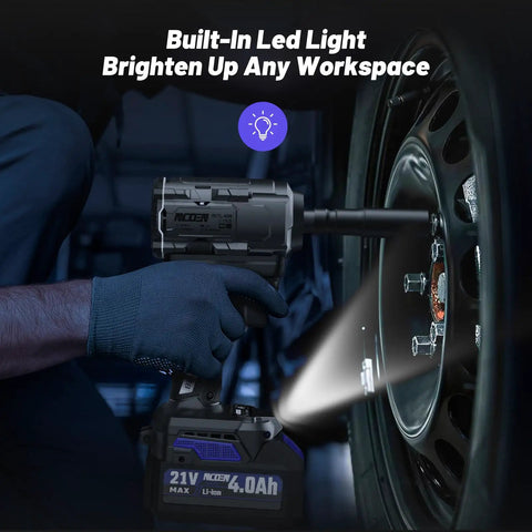 Beefy 600 Nm Half Inch Cordless Impact Wrench Kit With Two 4Ah Batteries used to tighten a car wheel lug nut, LED light on.