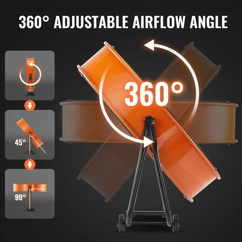 Drum Fan 24 Inch High Velocity Floor Fan 8700 CFM Heavy Duty Industrial Ventilation With 3 Speed Settings 360 Degree Tilting And 5 Foot Cord For Warehouse Workshop Factory Basement showing 360-degree tilting capability with airflow angle options.