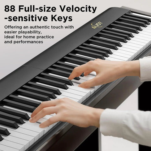 Hands playing on 88 Key Magnetic Split Piano Keyboard, Detachable Travel Electric Piano For Beginners, with semi-weighted keys.