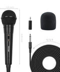 Handheld Wired Cardioid Dynamic Microphone With 13ft Cable And On Off Switch, foam cover, and adapter for live gigs and home studio setups