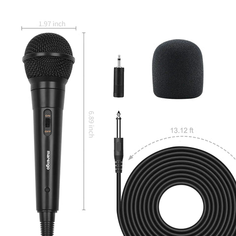 Handheld Wired Cardioid Dynamic Microphone With 13ft Cable And On Off Switch, foam cover, and adapter for live gigs and home studio setups