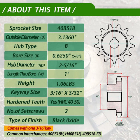 Hardened Black Oxide #40 Sprocket 18 Tooth With 5/8 Inch Finished Bore And Keyway dimensions and specifications infographic.
