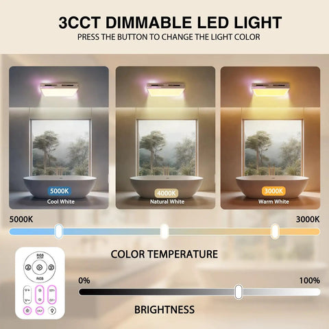 Adjustable LED light modes on Quiet Bathroom Exhaust Fan With Dope LED Light Ceiling Mount Ventilation For Home And Bath Energy Efficient 110 CFM 1.0 Sones 4 Inch Duct 30W 110V White Finish