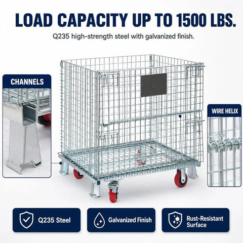 Hella Tough Collapsible Wire Storage Basket With Easy Roll Wheels Massive 3000 Pound Capacity Folding Metal Bin, Q235 steel, 1500 lb capacity.