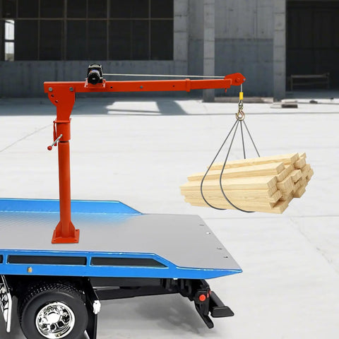 Heavy Duty 1100 Lb Truck Mounted Crane Hoist W/ 12V Electric Winch lifting wooden beams from a blue truck bed in a construction area.