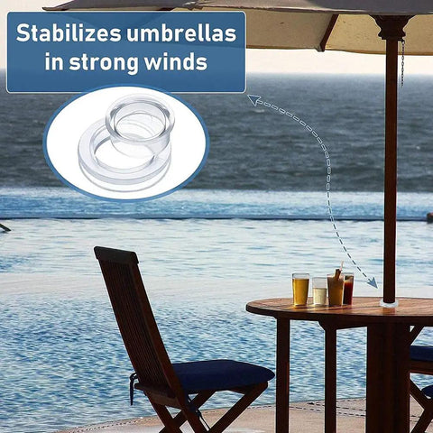 Durable PVC Patio Table Umbrella Hole Ring Plug for Outdoor Dining Tables by the pool, showing strong wind stabilization.