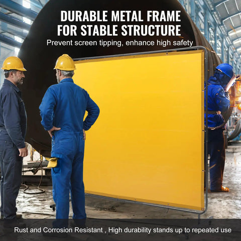 Heavy-Duty Welding Screen With Frame 6X8 Feet Flame-Resistant Vinyl Curtain On Four Swivel Casters Two Locking For Workshop Industrial Garage Portable Protective Barrier Against Sparks UV Rays Heat Radiation Ultimate Shop Beast Construction Yellow