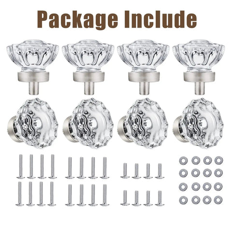 Totally Sleek Eight Piece Brushed Nickel Glass Cabinet Knob Set with Vintage Crystal Round Flower Design package contents