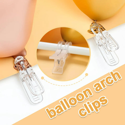 Balloon Arch Clips Kit 20 Pack Transparent Plastic Clips securing balloons to arch frame, close-up view of clip in use.