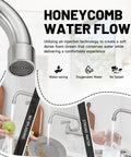 Close-up of wall mount kitchen faucet for utility sink with 8 inch swivel gooseneck spout demonstrating honeycomb water flow.