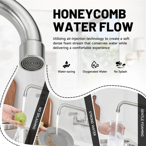 Close-up of wall mount kitchen faucet for utility sink with 8 inch swivel gooseneck spout demonstrating honeycomb water flow.