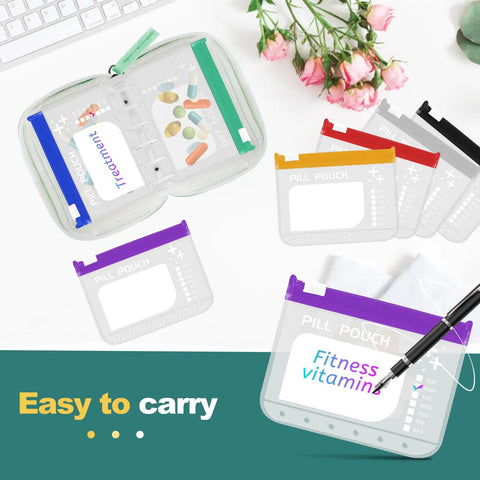 Waterproof A7 Pill Organizer Kit With 7 Large Zipper Pouches For A7 Binder BPA Free Weekly Medicine Storage, open view.
