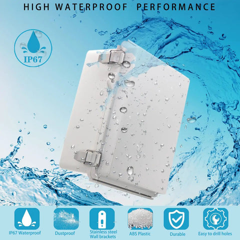 Rugged Outdoor Weatherproof IP67 Electrical Junction Box Enclosure with water droplets, ABS Plastic, grey color, closed view.