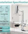 MIAOHUI Chrome Kitchen Faucet with Glass Rinser, 4 Modes installation specifications showing dimensions and parts.