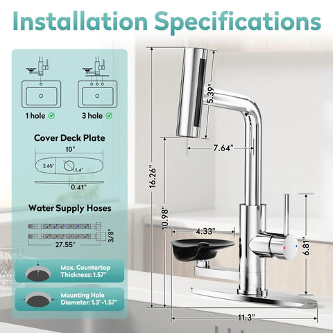 MIAOHUI Chrome Kitchen Faucet with Glass Rinser, 4 Modes installation specifications showing dimensions and parts.