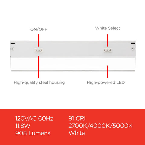 24 Inch Hardwired Under Cabinet Lights with 3 Color Temperatures 2700K Warm, 4000K Cool, 5000K Daylight, 825 Lumen High CRI LED, Dimmable Kitchen Under Cabinet Lighting for Pantry and Countertops displayed with specifications.