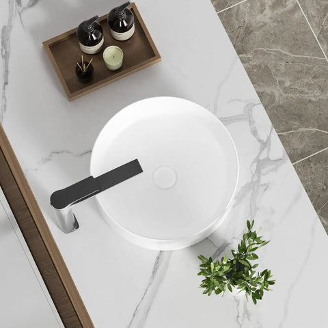 Top view of 14 Inch Round Vessel Sink For Bathroom White Ceramic Porcelain Vanity Basin Above Counter Modern Round Countertop Sink 14x14