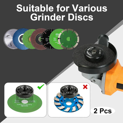 Tool Free Quick Install And Release Angle Grinder Nut Set 5/8-11 with grinder and disc compatibility shown
