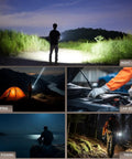 Compact Rechargeable Spotlight With Adjustable Focus And Stand, 2700 Foot Range used for night hiking, camping, and repairs