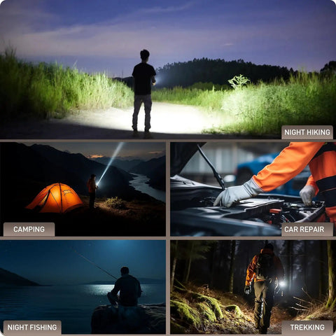 Compact Rechargeable Spotlight With Adjustable Focus And Stand, 2700 Foot Range used for night hiking, camping, and repairs