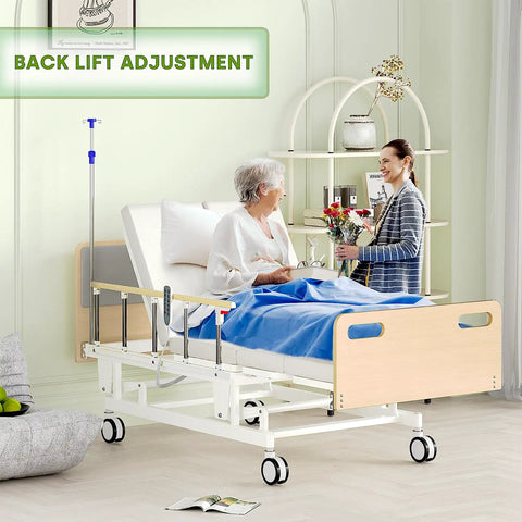Fully Electric Hospital Bed For Home Use With Premium Mattress And Built In Guardrails in a bedroom setting with back lift adjustment