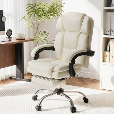 Off white Six Point Massage Office Chair with heat and footrest, ergonomic reclining design, in a modern home office setting.