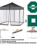 Mosquito Netting For Square 10x10 Umbrella, Fits 10-13ft Cantilever Patio Umbrellas, Adjustable Rope Tension, displayed in diagram.