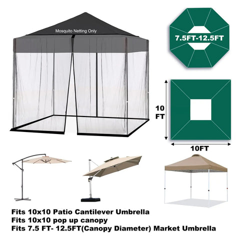 Mosquito Netting For Square 10x10 Umbrella, Fits 10-13ft Cantilever Patio Umbrellas, Adjustable Rope Tension, displayed in diagram.