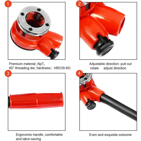 Portable Ratchet Pipe Threader Kit manual threading tool with red ergonomic handle and die, shown from various angles.