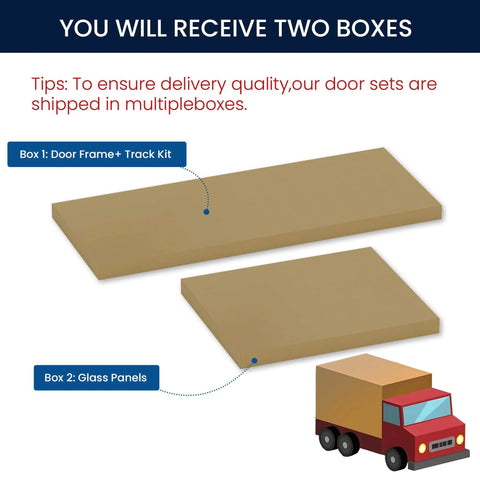 Image showing packaging of Sliding Closet Door Set For 72x80 Inch Openings, 3 Lite Frosted Glass MDF Barn Door With Hardware Kit